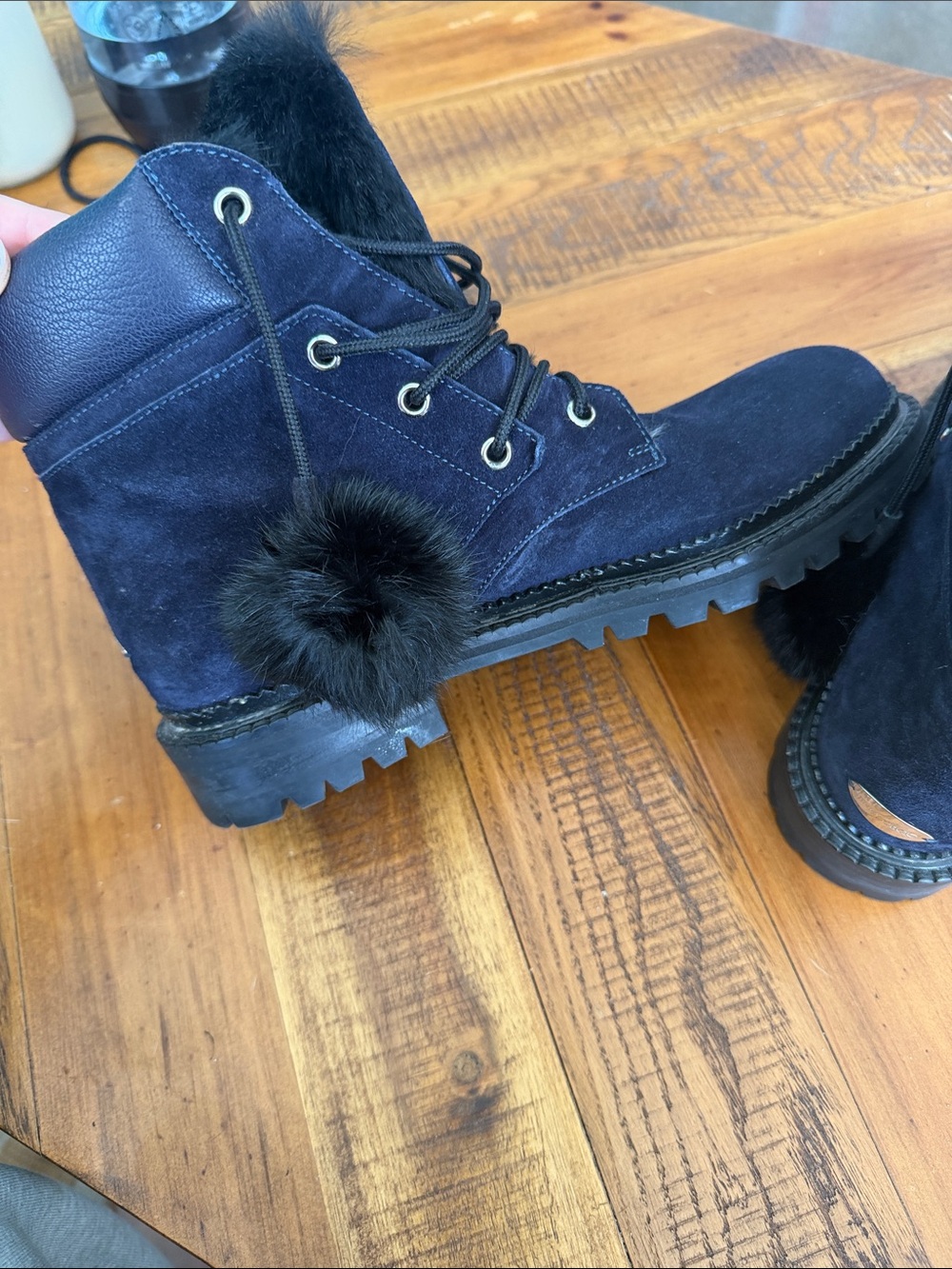 Jimmy Choo Women’s Navy Suede Lace-Up Winter Boots with Fur Lining and Pom Poms - Picture 4 of 5